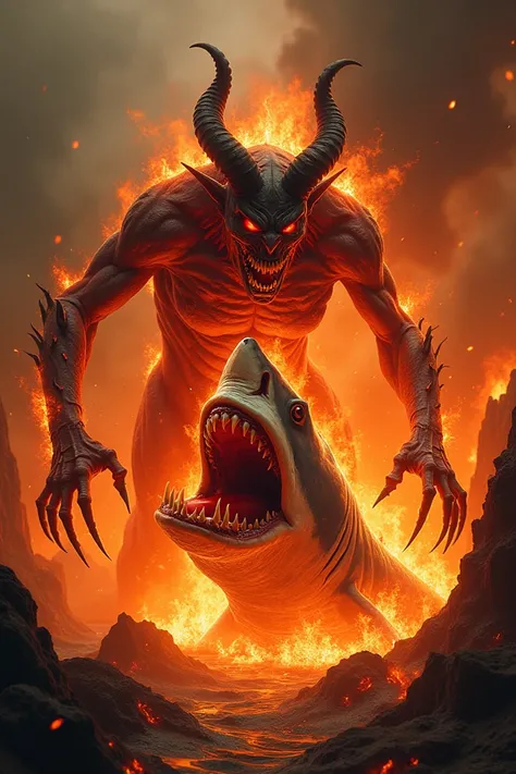 Satanic devil burning a shark in hell 