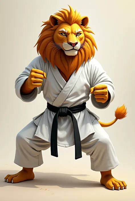 A lion in a karate uniform with a black ribbon

