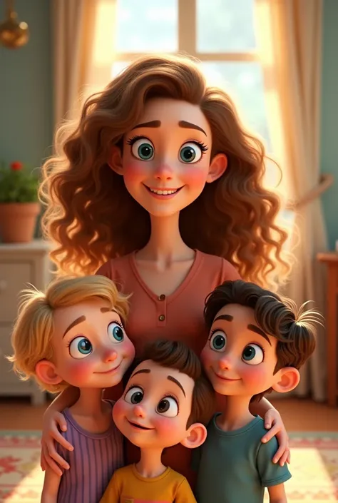 Pixar cartoon Disney curly haired light brown woman with three ren, two blond with blue eyes, cropped hair, a six-year-old tuft and a dark-haired brown-haired four-year-old 
