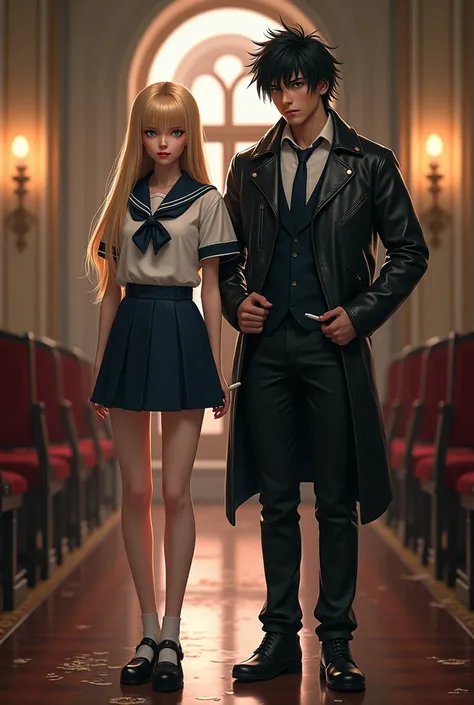  A blonde girl with long straight hair with fringes ,  intense blue eyes and very fair skin ,  wearing a school uniform with a short skirt , blouse with collar and tie , e salto Mary Jane. by your side,  a boy with messy black hair in mullet style, dark an...