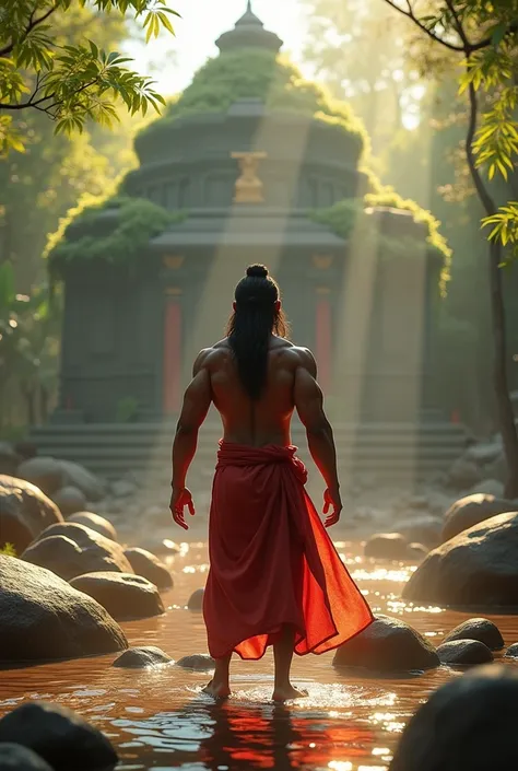 Lord Hanuman standing majestically in a lush, ancient temple setting. Captured from behind, the image showcases his muscular back, flowing red cloth, and the iconic, gracefully extending tail. Hanuman stands confidently amidst shallow water and rocks, gazi...