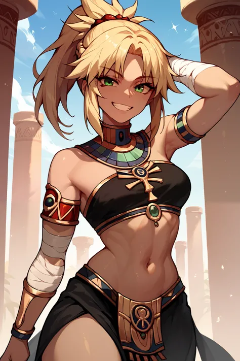 Mordred fate,Black and gold Egyptian style outfit, black bandages on the arm,smiling, happy,Black clothes,long clothes,curvy body