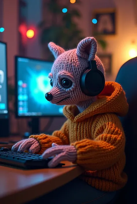 (knitted toy voodoo doll:1.5), (Voodoo Playing Computer Games:1.3), (Clothing: casual hoodie:1.0), (Accessories: gaming headset, keyboard:1.1), (background: cozy gaming setup with floating pixels, glowing monitors, and intense focus:1.2), best quality, mas...