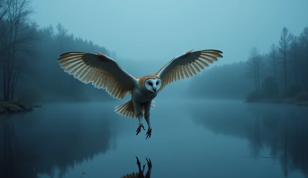 A mythical flying creature, with a shirtless muscular male human torso with diaphanous skin, and the rest of the body, the head and face of a barn owl with the mighty outstretched wings, flying over the surface of a lake surrounded by a forest at dawn. The...