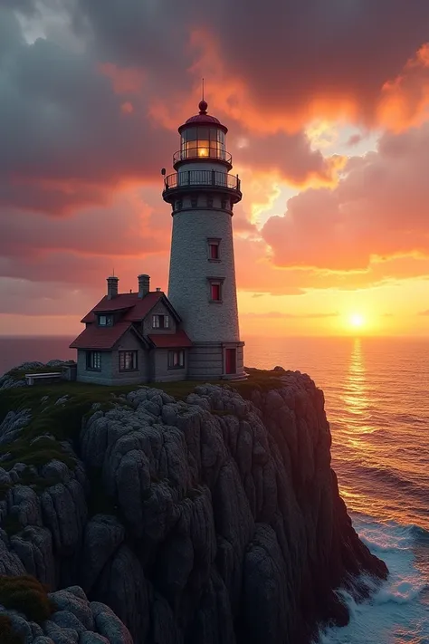 

 Create for me a realistic image in 9 :16:

 - A beautiful old lighthouse
- The sunset, With the sky darkening
- A cliff 