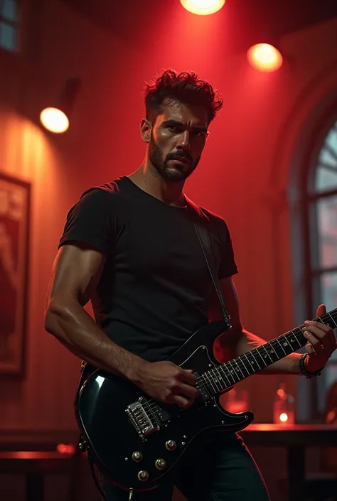 Best Art Video Hyperealistic, UHD, HDR, 5D, medium shoot of the Masculine Handsome man very gently perform hard rock music with the black marshal electric guitar and his sights to viewer with love, on the stage of live music performance at Elegant gently c...