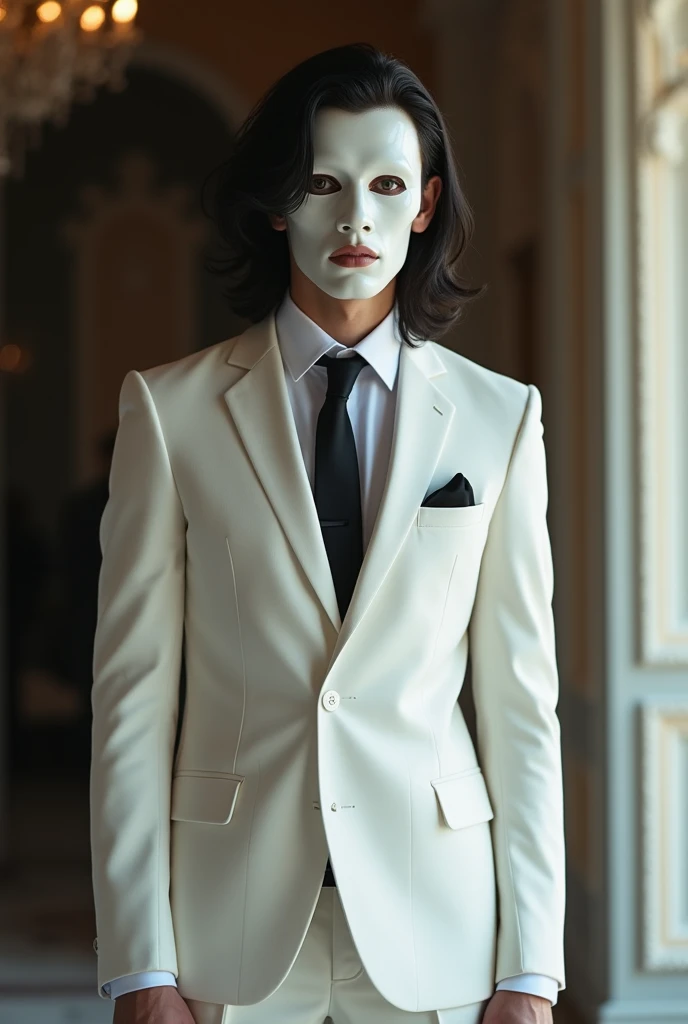 I want to create an attractive young Italian man with black hair and honey-colored eyes in an all-white suit with a white mask that will attract you with his mysterious and dangerous behavior in a ballroom that is real Of semi-long hair 