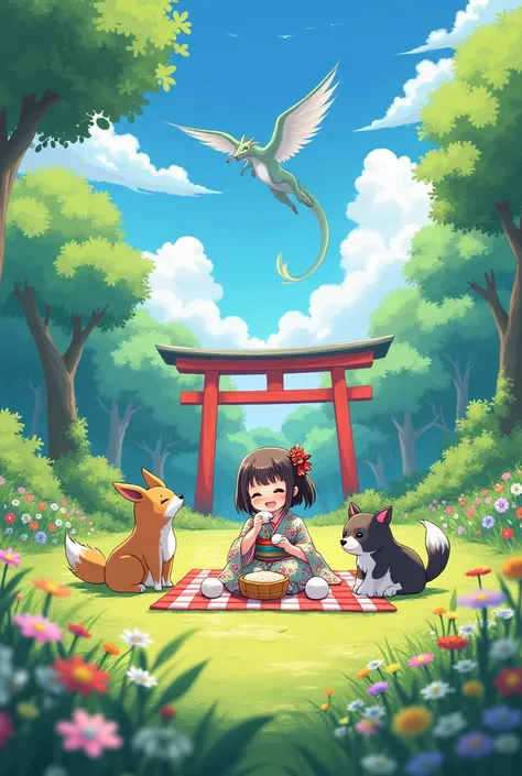 Animals and two s are having a picnic in the woods, a girl eating rice balls seems to be having fun in a field of colorful flowers under her feet
Anime style cute girl flower pattern kimono 
Little rainbow-colored torii gate on the background of a dragon i...