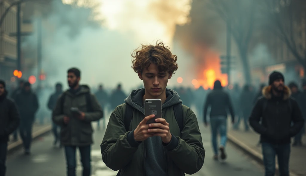 A young person with a phone recording a protest on a street filled with smoke and clashes