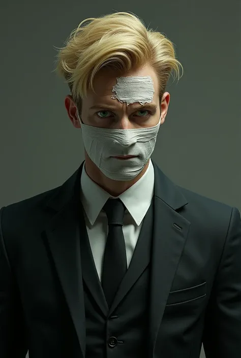 A blond man with emerald green eyes, in a suit, with a bandage over his mouth and right eye