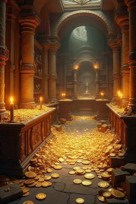 

"A treasure-filled room glowing with golden light, featuring piles of gold coins, glittering jewels, and ornate artifacts scattered across the floor and shelves. The atmosphere is warm, with flickering candlelight adding a mystical ambiance. The setting ...