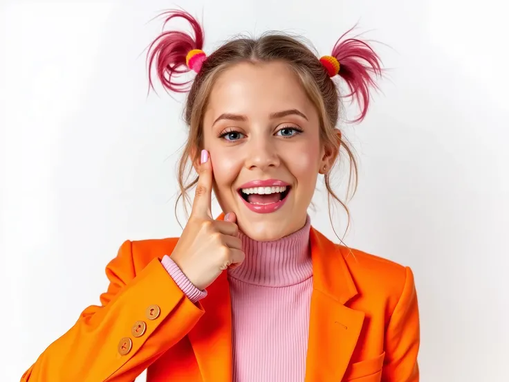 Create a fashionable, vibrant image of a young girl posing playfully. The girl has a unique, colorful professional makeup with soft pink shadows, an unusual hairstyle pink hair hairstyle. She wears bold, fashionable outfits in bright colors such as light p...