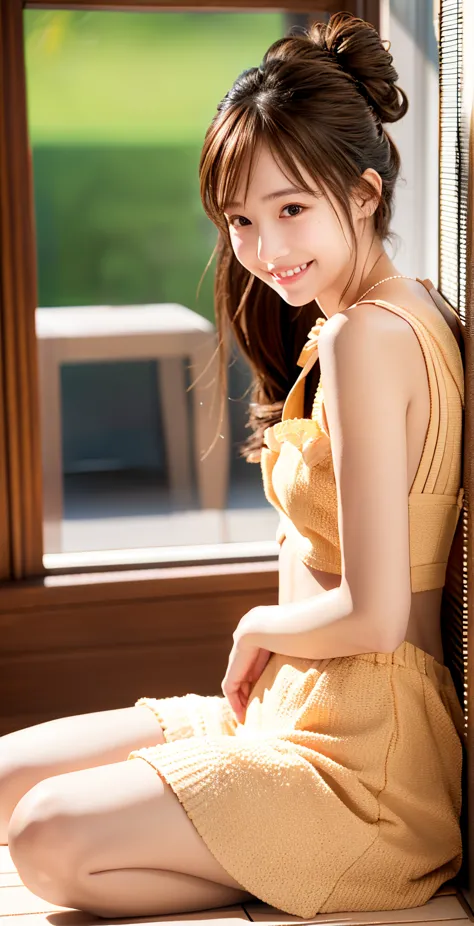 maid,cute pretty girl,masterpiece,high definition,4k,8k,16k,chignon hair,brown hair,skinny,thin body,smile