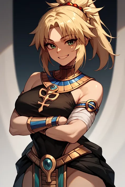 Mordred fate,Black and gold Egyptian style outfit, black bandages on the arm,smiling, happy,Black clothes,long clothes,curvy body,arms crossed