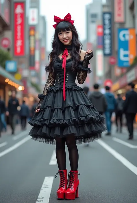 Photographic, real picture. Full body visible to viewer ((Gorgeous Asian woman)), ((25 years young)) wearing a ((black/gray, ruffled frilly Gothic Lolita dress! example- harajuku style)) Red Bows in hair, FRONT BANGS! Gray frilly lace gloves. Black thigh h...