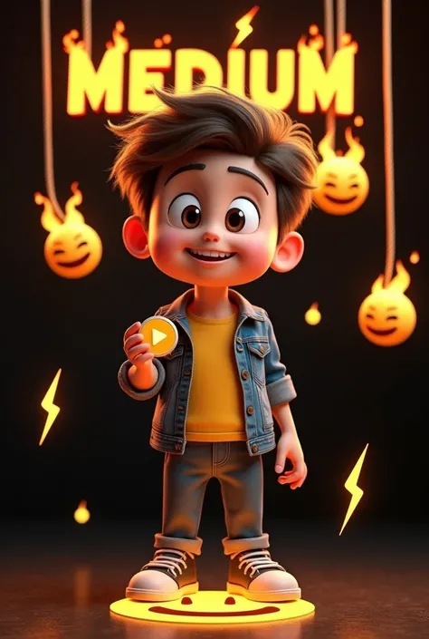 3D illustration of a man .
A boy should have a golden play button in his hand. And the background should be black with fire on his head (Overacting Fire) Medium written on it. And the boy should be 18 years old. On his feet, a smile emoji in a yellow shirt...