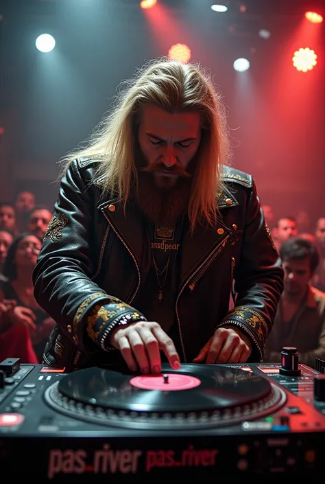 DJ with vinyl record dressed as a rockstar, long blond hair and a brown beard in his jacket written Pas_river 