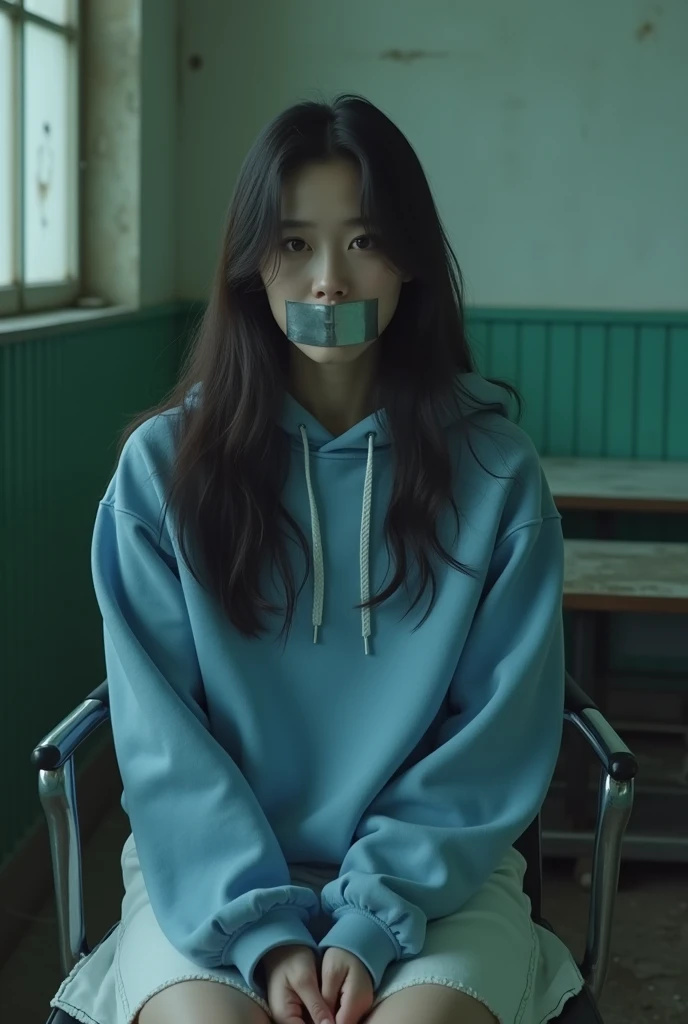 Choi Yoo-jin wears a white jean skirt and a blue hoodie、Sitting on a chair in an old slaughterhouse 、Please hide your hands behind your back and open your mouth slightly 、 with silver duct tape on her mouth 。Dark Aura。