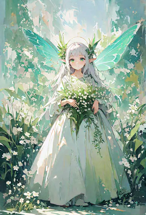 girl,white hair,green eyes,elf ears,Elf wings,lily of the valley,beautiful,full body,standing painting,three views,flower elves,dreams,green,flowers,dragonfly wings,Three views