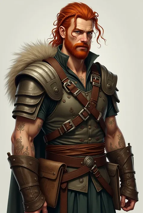  I would like you to create 4 examples of an image of a man around the age of 22, beautiful, with rustic strokes, short beard,  red hair with scattered braids and adorned with bones and feathers , Druidic tattoos on the body , Some traits of a beast of a f...