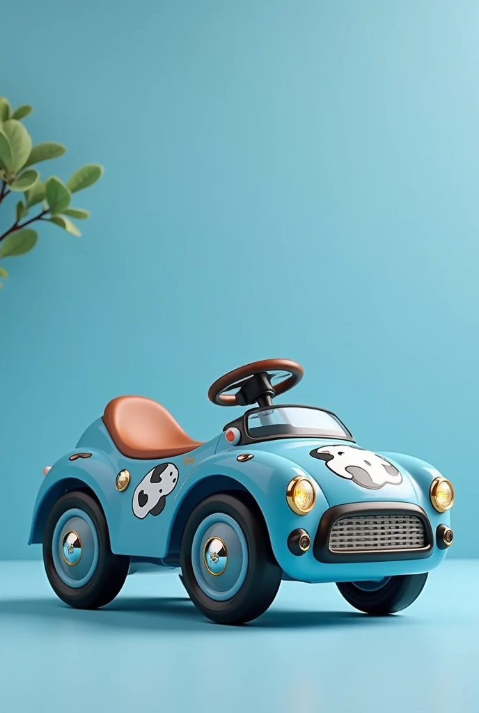 Beautiful electric toy car for ren ,  that has drawings of cows and is blue
