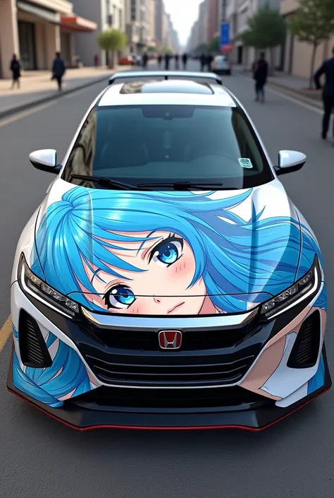 Honda insight Ze2 wrapping itasha style with sexy Kitagawa Marin character of そのビスク・ドールはこいをする at front fender, with full view of the car