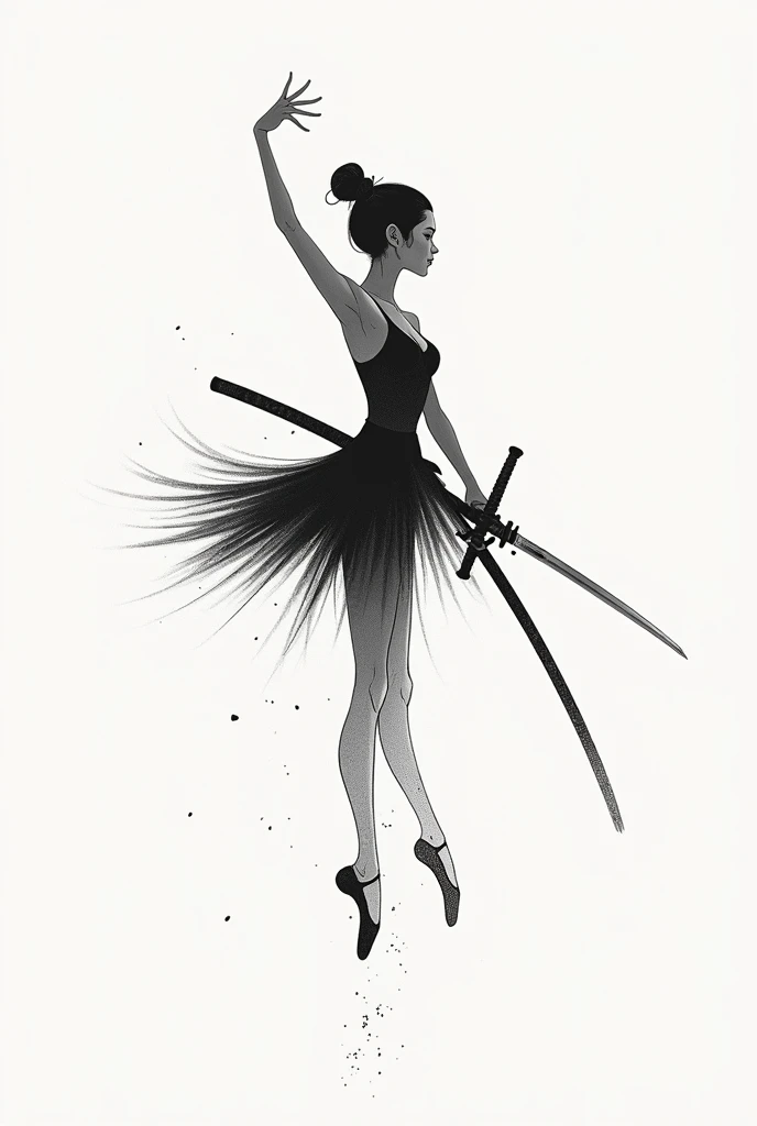 Create a single-line tattoo where a ballerina and a samurai merge 
