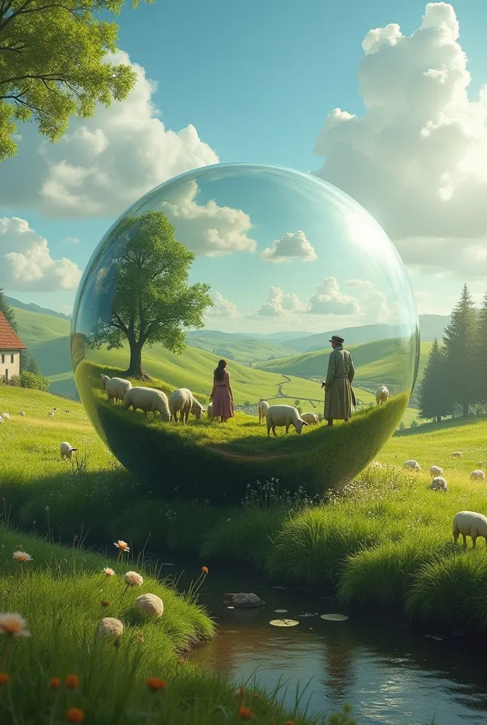 photo realistic of Pastoral Ydill seen inside a magic glass ball