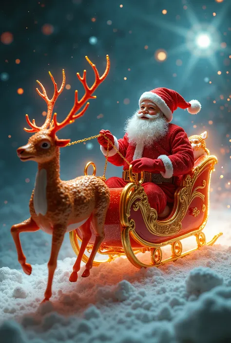 **A futuristic depiction of a Santa Claus riding a sleigh pulled by two cute reindeer in mythical space immersed in a sphere of cybernetic ether, integrated with a continuous nano-fabric and brought to life through synaptic fusion dynamics, highlighted in ...