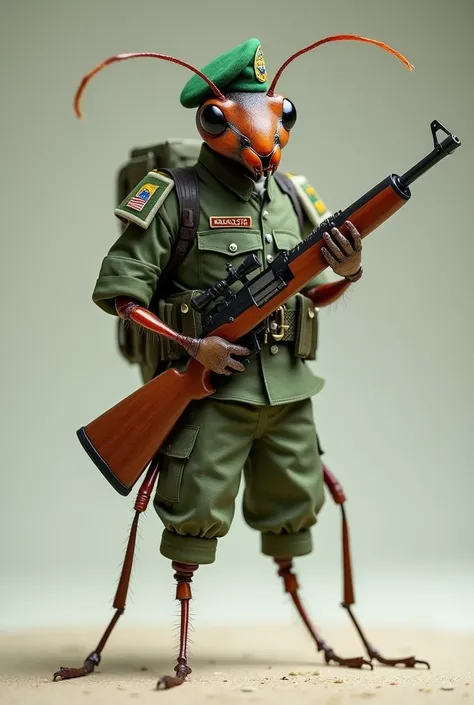 a full-body photo of an ant dressed as a Brazilian Army man armed with a rifle