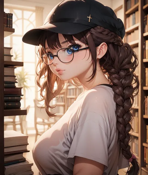 1girl, deep blue eyes, cute, tight black joggers, oversized black t-shirt, nerdy, shy, glasses, braided hair, dark brown hair, black hat, big boobs, medium size ass, soft lips, light black jacket, freackles, lewd pose, public library, NSFW, photorealistic ...