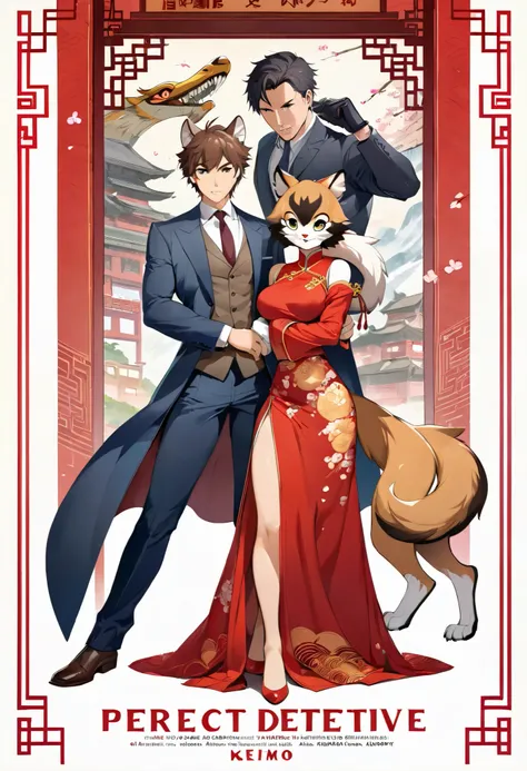 movie poster, movie artwork, concept art of love, romance novel cover, highres, top quality, best quality, perfect artwork, absurdres, perfect anatomy(couple, young 1male detective, 1woman in Chinese dress)(furry, kemono, anthro))with some elements of 007,...