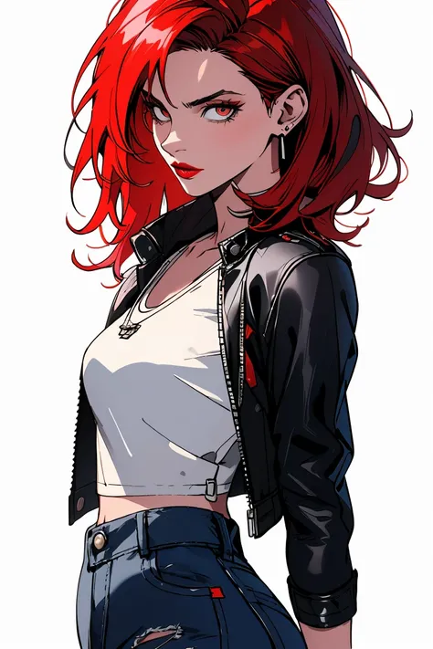 (high-level image quality), (high quality), (high resolution), (detailed), (masterpiece), beautiful young woman, ((caucasian)), red hair, medium bob, dark red lipstick, blank background, red top, denim jacket, jeans shorts, from side, portrait, seductive, ...