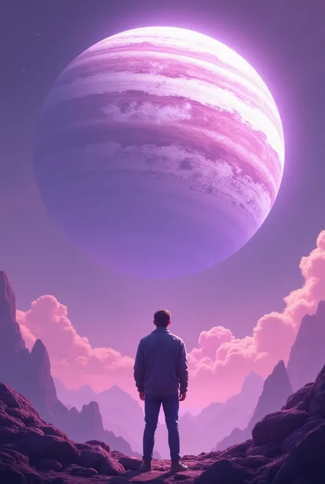 man looking up,  before your eyes a new planet in purple and white, Bright atmosphere and regular waves in the image of planet .