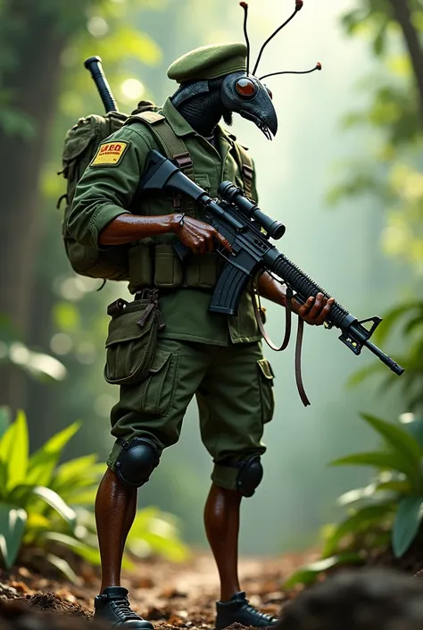 a full-body photo of a strong ant dressed as a Brazilian army man armed with a rifle 