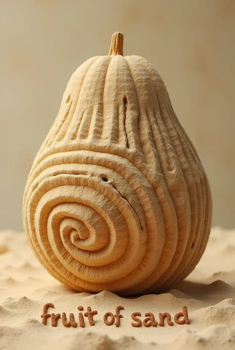 A melon made of sand with spiral designs. With text underneath "FRUIT OF SAND".