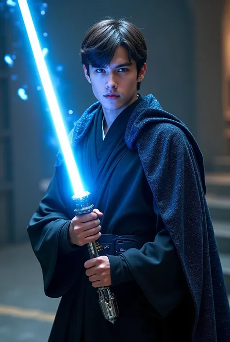 Generate a handsome young adult Jedi Knight with black short hair and dark blue eyes. Make him wear a special combination of the roves Jedis use but combined with the roves that the Hogwarts students of the Ravenclaw house use with vibrant glowing colors o...