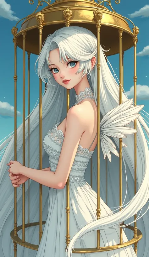 A Japanese anime-style illustration depicting a serene and beautiful fairy with voluminous white long hair, gray-blue eyes, fair skin, a small nose, and full lips. Delicate feathered wings extend from her back as she is trapped inside an ornate gilded cage...