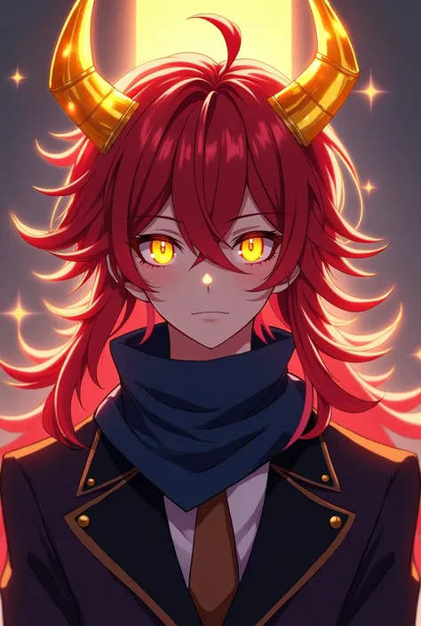 cuerpo completo, Young adult anime boy with long red hair with golden horns and yellow eyes dressed in a suit with a dark blue scarf.