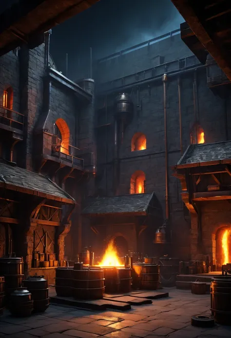 outside view of a massive RPG forge, massive RPG metalworking, glowing hot metal (best quality,4k,8k,highres,masterpiece:1.2),ultra-detailed, dark and moody lighting, dramatic shadows, vibrant colors, cinematic composition