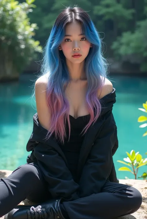 A beautiful girl asian.with amazing place,with cool style,with very beautiful ombre  blue and pink  on hair.looks very amazing.
Cool pose .with casual outfit color black and blue .pose full body with shose booth 