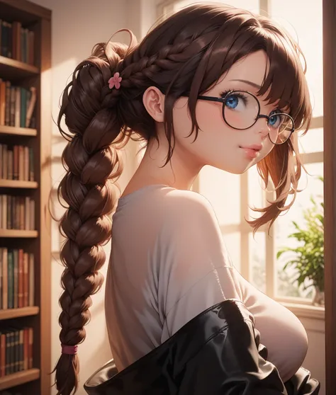 1girl, deep blue eyes, cute, tight black joggers, oversized black t-shirt, nerdy, shy, glasses, braided hair, dark brown hair, big boobs, medium size ass, soft lips, light black jacket, freackles, lewd pose, public library, NSFW, photorealistic , highly de...