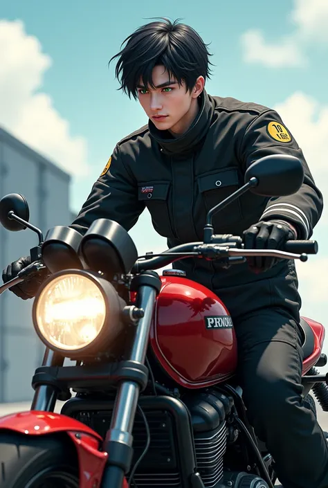  I would like .. anime..... is an adult man ...black haired .unfurled  ..Korean .  Verdagua eye ... high..  attractive sexy boy ..  age 26 years  . cuerpo completo... full body head-to-toe dress.. firefighters clothing .on a motorcycle Find advanced 400cc ...