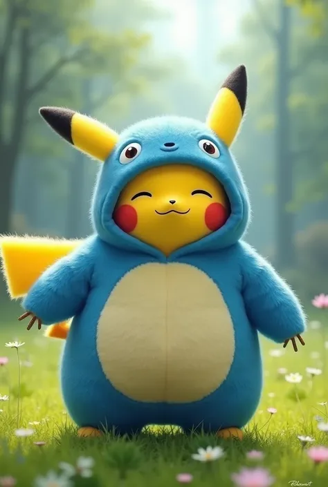 Pikachu with blue snorlax suit