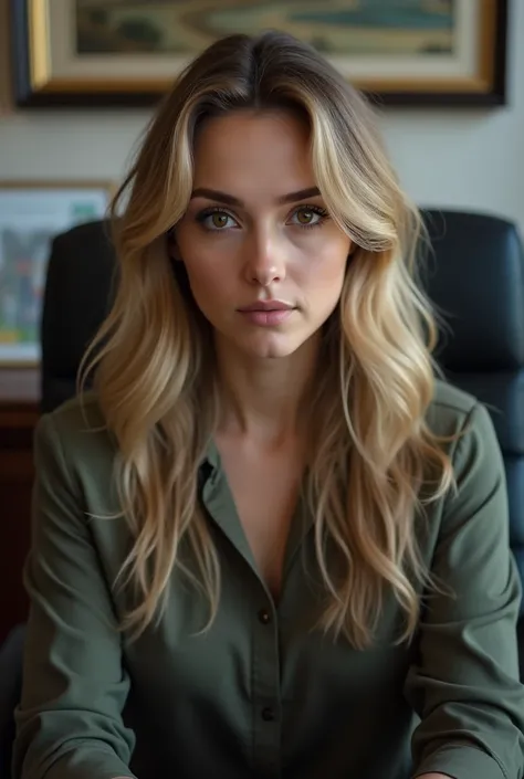 A woman with long blond hair with brown eyes sitting in an office chair looking directly at the camera 