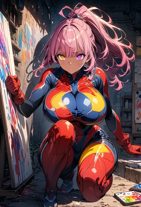 Comics style, Beautiful, Various full-body attack poses and immersive effects, Hover effect, Brightly colored graphite style background 1 woman, pink hair, dark skin, ponytail, glowing pink eyes, "HDR Ultra" detailed and with focus effect, (masutepiece: 1....