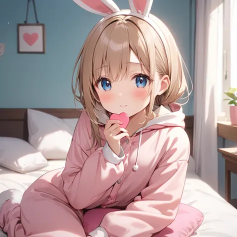 Yuuki Asuna, ((A girl wearing rabbit costume pajamas tilts her head slightly to the left and stares straight ahead with curiosity.)), ((A cute expression that still retains a hint of innocence)), ((Holding a large pink heart-shaped cushion to her chest)), ...