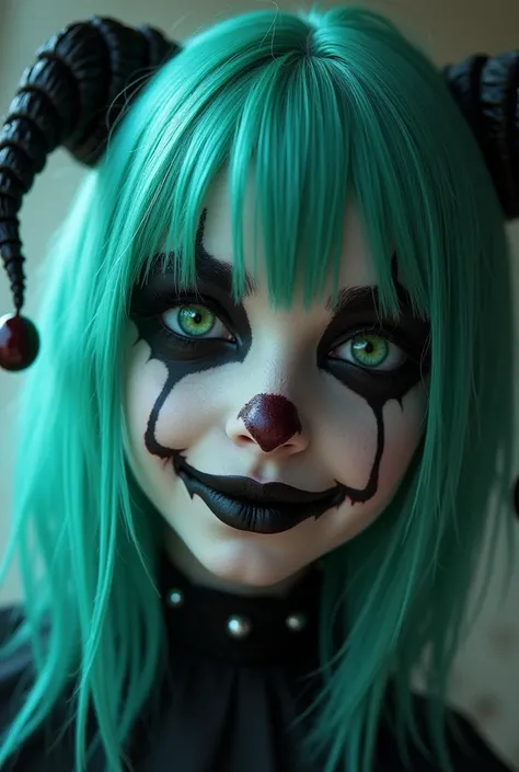  Creepypasta cute jester girl with medium-long turquoise hair/SEA GREEN, con sonrisa sicópata los ojos SEA GREEN. With a turquoise heart on her cheek . Lips painted black girl about 