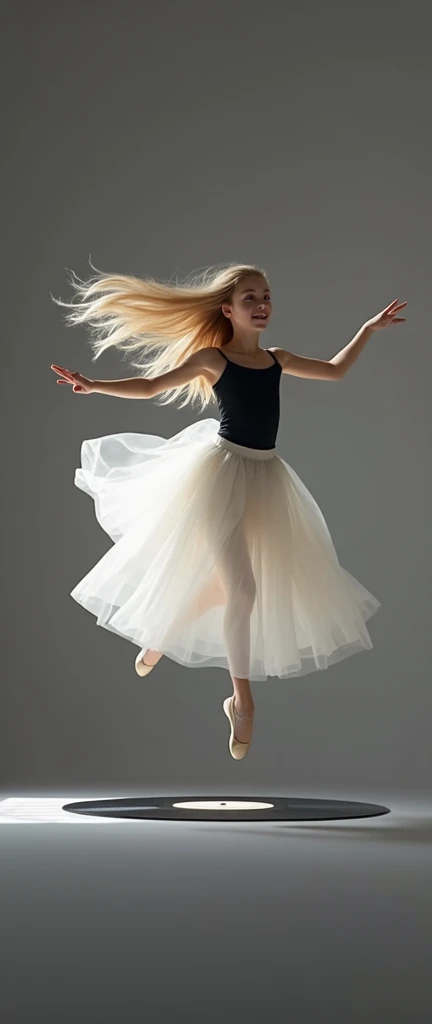  In the professional realistic photography style a young girl wearing a long white skirt and a short black top with long blond hair is jumping into the air like a ballerina,  the background is gray the floor is a gigantic black vinyl record, Your long hair...