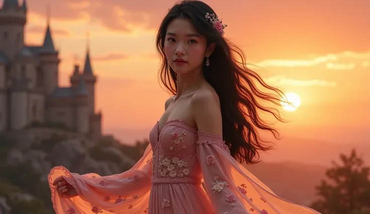 Beautiful woman, Her name is Nova Kyilin,20-year-old asian woman,  dark almond skin tone,dark wavy hairs,full body dress Rose flower silk dress delicate and beautiful, em um cenario mediaval, em frente ao castelo, com um lindo pôr do sol ao fundo.